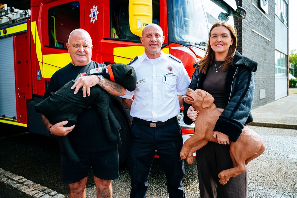 Photo caption: Left to right is Kieran's dad Paul Naylor pictured together with Watch Manager Nic Brennan and Kellie Foster, Rececca's sister, together with the dog manequins, purchased as a training aid through the project.